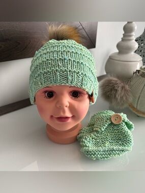 Mint Green Knit Pom Beanie with Matching Booties